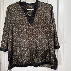 Jaclyn Smith Women’s Geometric Print Sequin V-Neck Tunic Blouse – Size XL